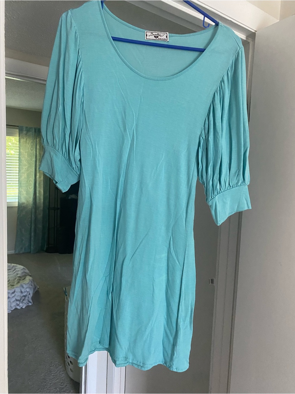 Sweetees Aqua Scoop Neck Puff Sleeve dress